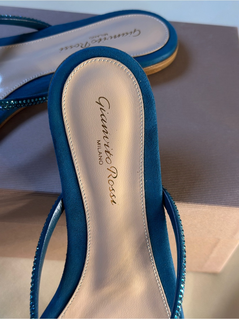 Gianvito Rossi Teal Suede Crystal-Embellished Thong Mules Size 39.5 NWT - Picture 3 of 7